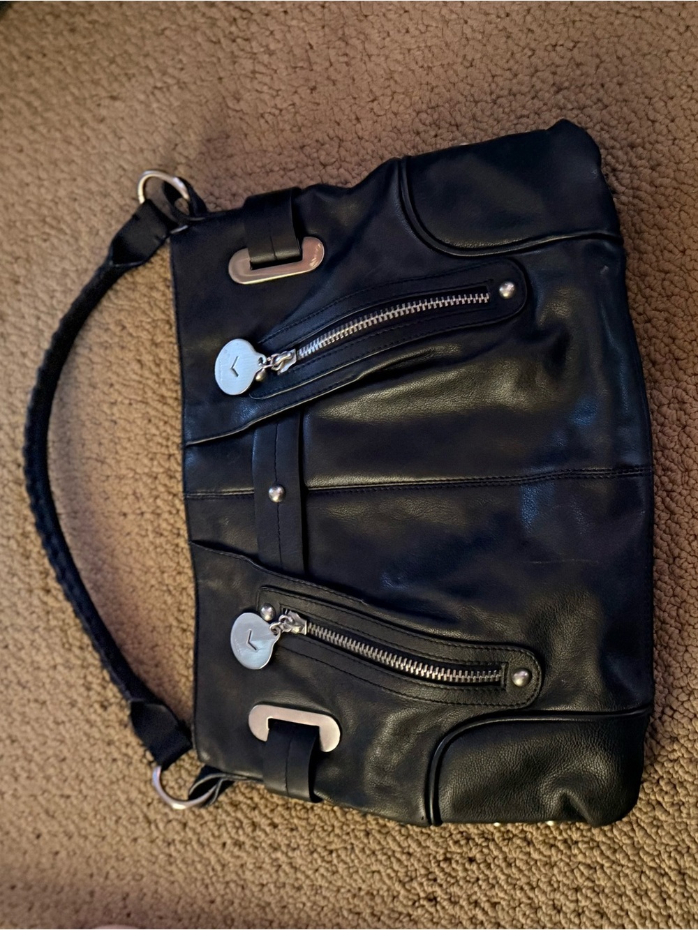 NVia Spiga Black Leather Moto Hobo Shoulder Bag Silver Hardware Y2K Braided